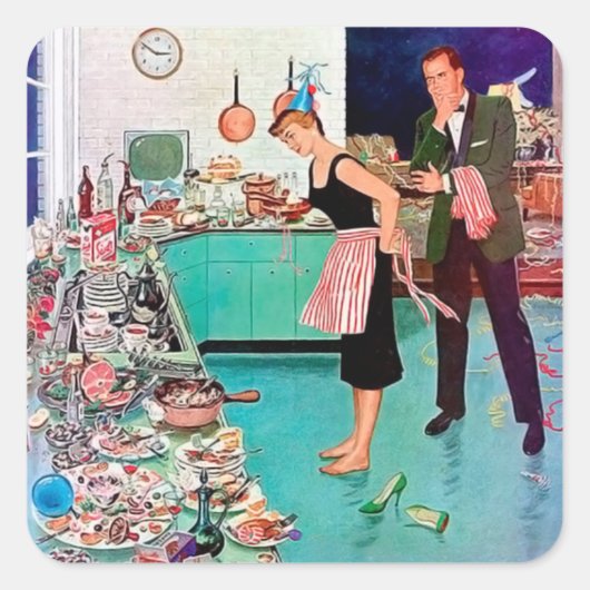 Schattigee retro  schoonmaakster vierkante sticker (Voorkant)