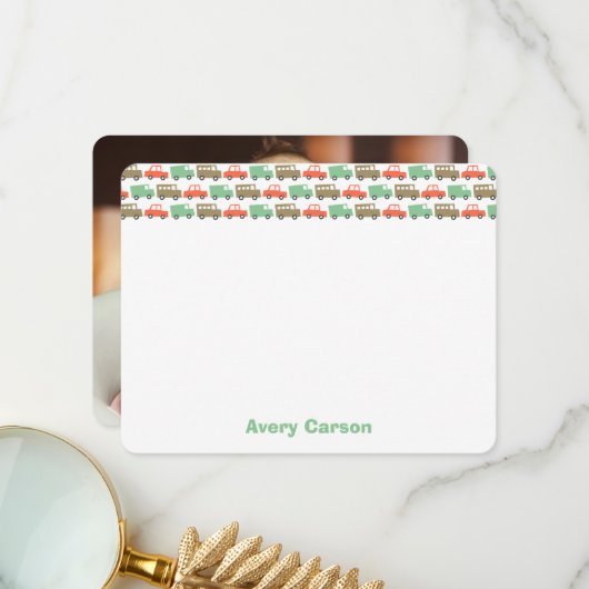 Schattigee Retro Transport Jongens Speelgoed Kinde Bedankkaart (Voorkant / Achterkant in situ)