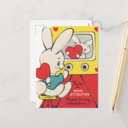 Schattigee retro  Valentijn konijntje Feestdagenkaart (Voorkant / Achterkant in situ)