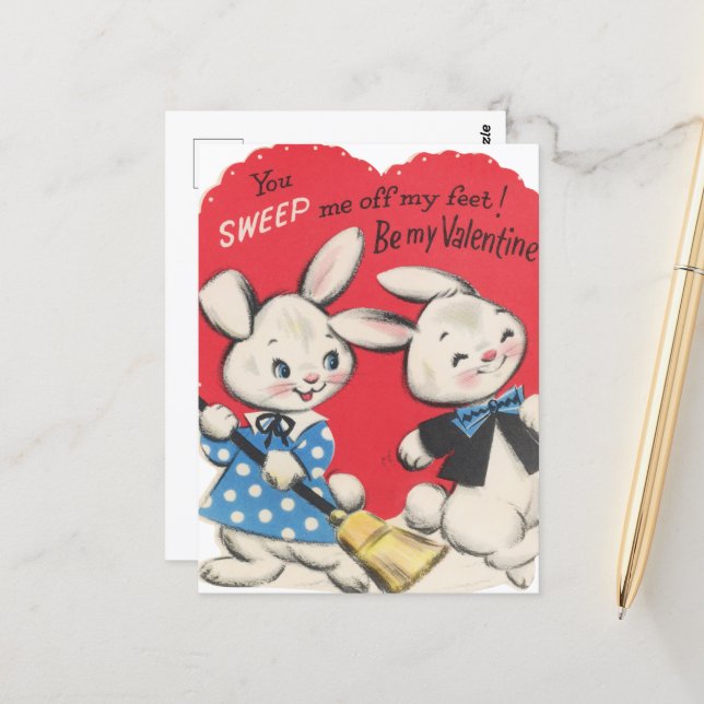 Schattigee retro Valentijn konijntjes Briefkaart (Voorkant / Achterkant in situ)