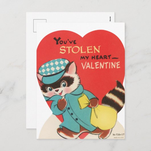 Schattigee retro  wasbeer gestolen hart Valentijn Feestdagenkaart (Voorkant / Achterkant)
