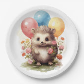 Schattigee Retro Waterverf Hedgehog met Ballonnen Papieren Bordje (Voorkant)