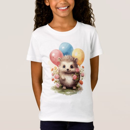 Schattigee Retro Waterverf Hedgehog met Ballonnen T-shirt (Voorkant)