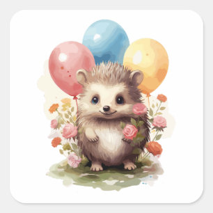 Schattigee Retro Waterverf Hedgehog met Ballonnen Vierkante Sticker
