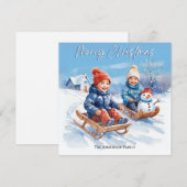 Schattigee Retro Waterverf Kinderen Sledges Sneeuw Feestdagenkaart (Voorkant / Achterkant)