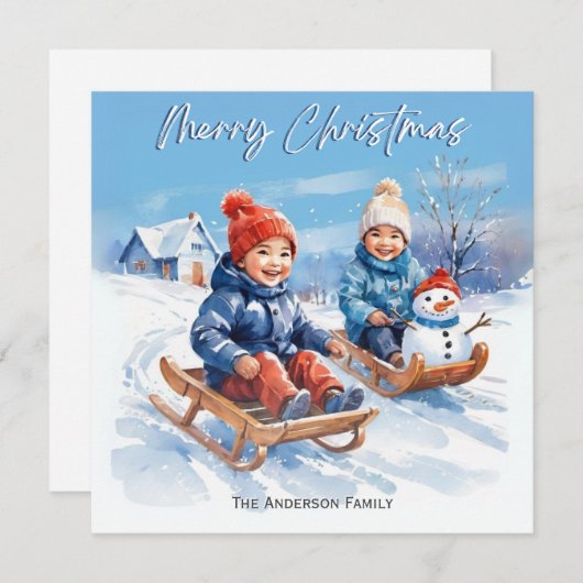 Schattigee Retro Waterverf Kinderen Sledges Sneeuw Feestdagenkaart (Voorkant / Achterkant)