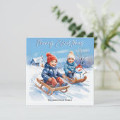 Schattigee Retro Waterverf Kinderen Sledges Sneeuw Feestdagenkaart (Staand voorkant)