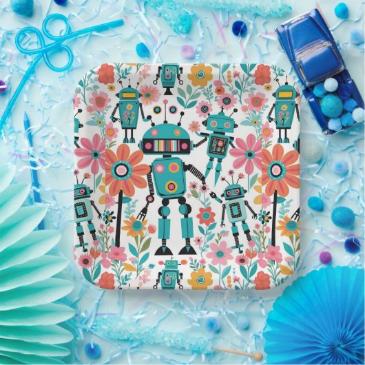 Schattigee retrobots en roze bloemen papieren bordje (Feest)