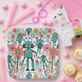 Schattigee retrobots en roze bloemen papieren bordje (Feest)