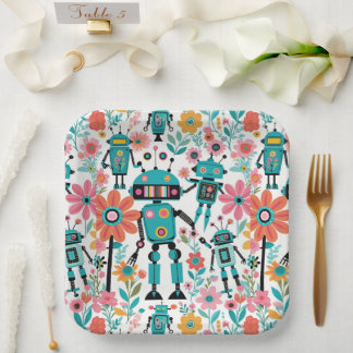 Schattigee retrobots en roze bloemen papieren bordje