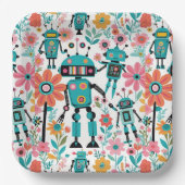Schattigee retrobots en roze bloemen papieren bordje (Voorkant)