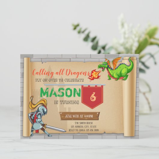 Schattigee ridder feestuitnodiging kaart (Staand voorkant)