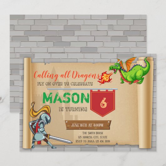 Schattigee ridder feestuitnodiging kaart (Voorkant / Achterkant)