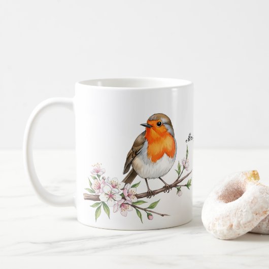 Schattigee Robin Bird op Floral Branch Gepersonali Koffiemok (Met donut)