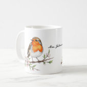 Schattigee Robin Bird op Floral Branch Gepersonali Koffiemok (Voorkant links)