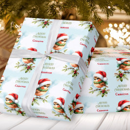 Schattigee Robin in Santa Hat Kerst Kinder Naam Te Cadeaupapier