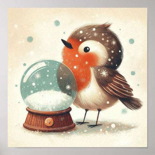 Schattigee Robin met sneeuwbol Kinder kamer muurku Poster (Voorkant)