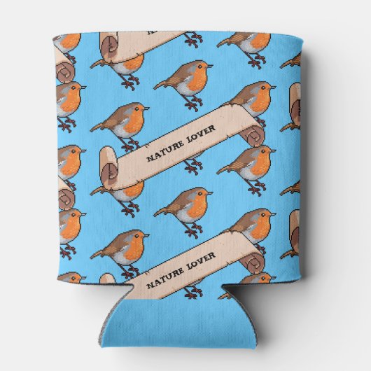 Schattigee Robin Natuur Lover Retro Pixel Art Patt Blikjeskoeler (Achterkant)