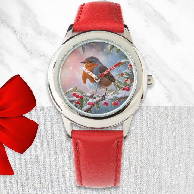 Schattigee Robin Redbreast Wintersneeuw  Kerst Horloge (A pretty Christmas watch with robin redbreast illustration in a watercolor style)