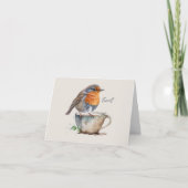 Schattigee Robin Sinaasappel Bird Teacup Waterverf Notitiekaartje (Voorkant)