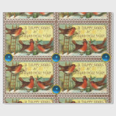 SCHATTIGEE ROBINS ,KERSTGROETEN MET BLAUWE PARELTJ CADEAUPAPIER (Vlak)