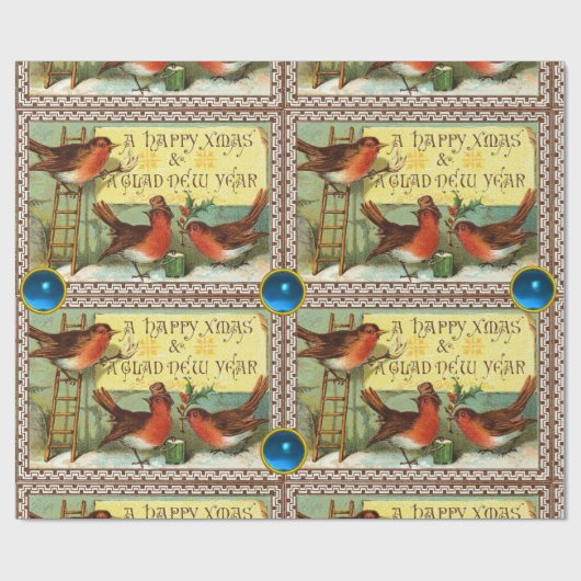 SCHATTIGEE ROBINS ,KERSTGROETEN MET BLAUWE PARELTJ CADEAUPAPIER (Vlak)