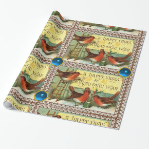 SCHATTIGEE ROBINS ,KERSTGROETEN MET BLAUWE PARELTJ CADEAUPAPIER