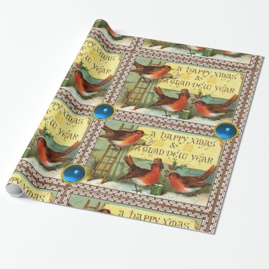 SCHATTIGEE ROBINS ,KERSTGROETEN MET BLAUWE PARELTJ CADEAUPAPIER (Uitgerold)