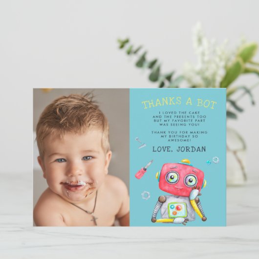 Schattigee robot | Flat dank u fotokaart Bedankkaart (Staand voorkant)