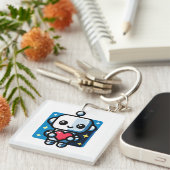 Schattigee Robot Holding Heart - Schattige liefde Sleutelhanger (Voorkant Rechts)