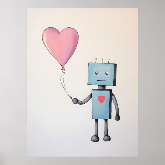 Schattigee robot met hartballon Poster (Voorkant)