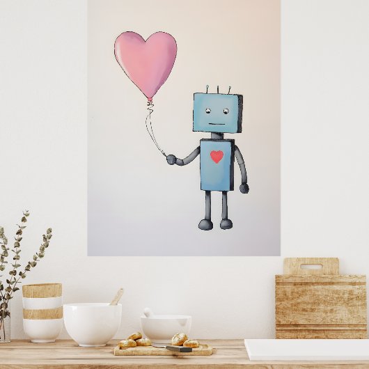 Schattigee robot met hartballon Poster (Keuken)