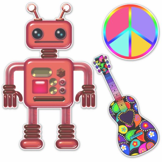 Schattigee Robot met Vredesbord en Gitaarplezier Sticker (Voorkant)