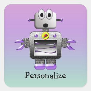 Schattigee Robot Paarse & Blauwe Gepersonaliseerde Vierkante Sticker