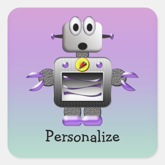 Schattigee Robot Paarse & Blauwe Gepersonaliseerde Vierkante Sticker (Voorkant)