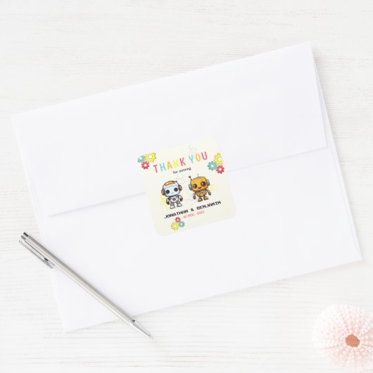 Schattigee Robot Samen Verjaardag Bedankt Vierkante Sticker (Envelop)