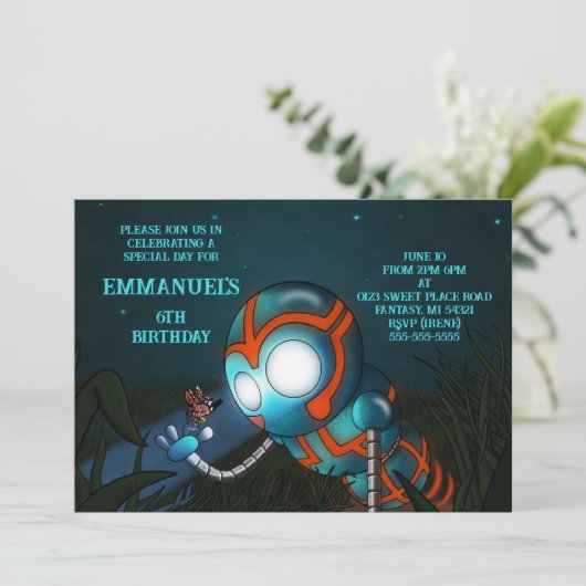 Schattigee Robot Sinaasappel Blauw Verjaardag Kaart (Staand voorkant)