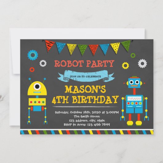 Schattigee Robot verjaardagsfeestje uitnodiging (Voorkant)