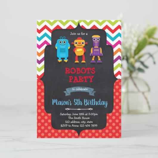 Schattigee Robot verjaardagsfeestje uitnodiging (Staand voorkant)