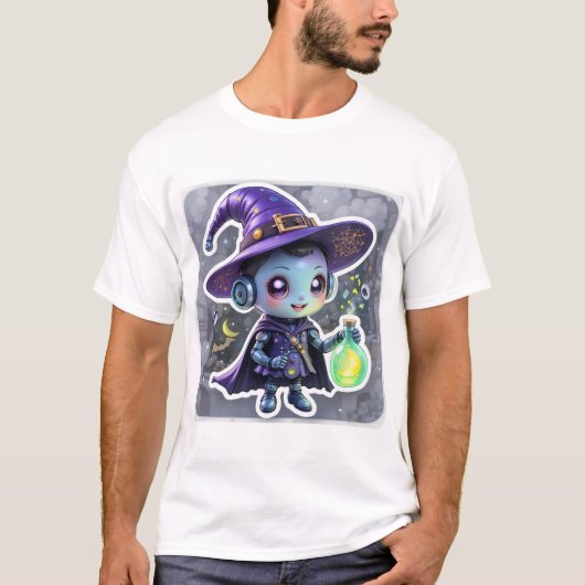 Schattigee Robot Witch Halloween T-Shirt – Kawaii  (Voorkant)