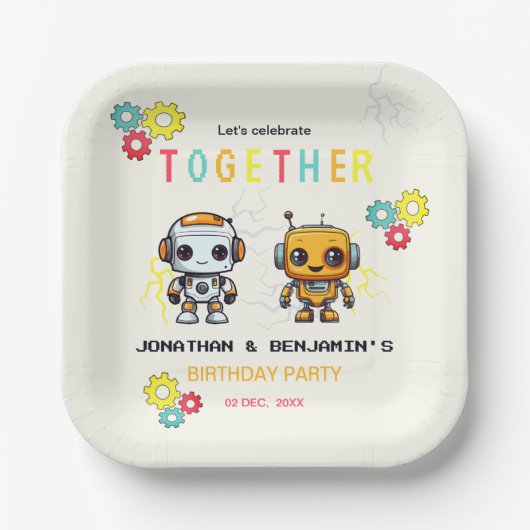 Schattigee Robots Jongens Samen Verjaardag Papieren Bordje (Voorkant)