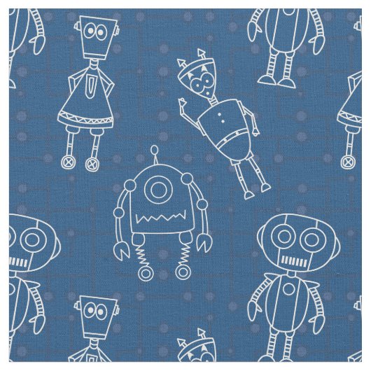 Schattigee robots op Classic Blue Stof (Close Up)