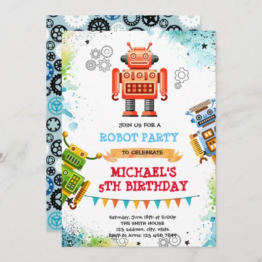 Schattigee robotthema-uitnodiging kaart (Voorkant / Achterkant)