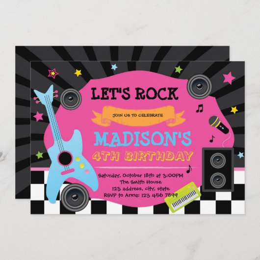 Schattigee Rockstar verjaardagsfeestuitnodiging Kaart (Voorkant / Achterkant)