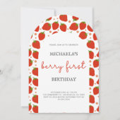 Schattigee rode aardbeienbes Eerste Verjaardag Kaart (Voorkant)