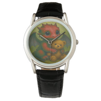 Schattigee rode Baby-draak met puppyogen en teddyb Horloge