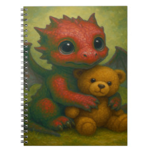 Schattigee rode Baby-draak met puppyogen en teddyb Notitieboek
