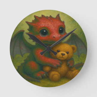 Schattigee rode Baby-draak met puppyogen en teddyb Ronde Klok