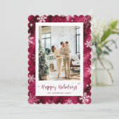 Schattigee rode besneeuwde fotovakantie feestdagenkaart (Staand voorkant)