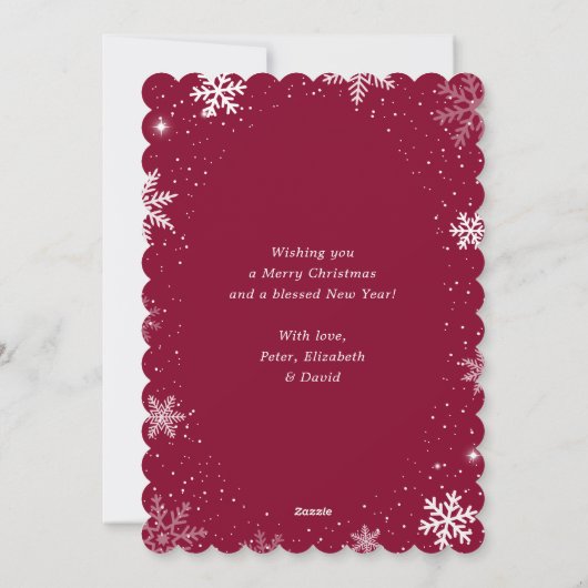 Schattigee rode besneeuwde fotovakantie feestdagenkaart (Achterkant)